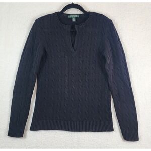 Lauren Ralph Lauren Women's Sz L Black Cotton Cable Knit V Neck Sweater Cozy